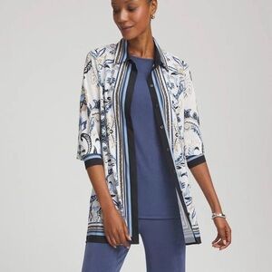 Chicos Travelers Paisley Mesh Shirt Jacket Blue White Size L Sheer Button Front